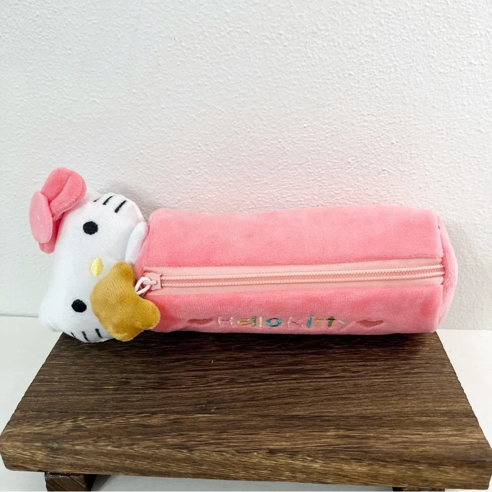 Hello Kitty Plush Pencil Case – Pink Soft Zipper Pouch with Bear Charm